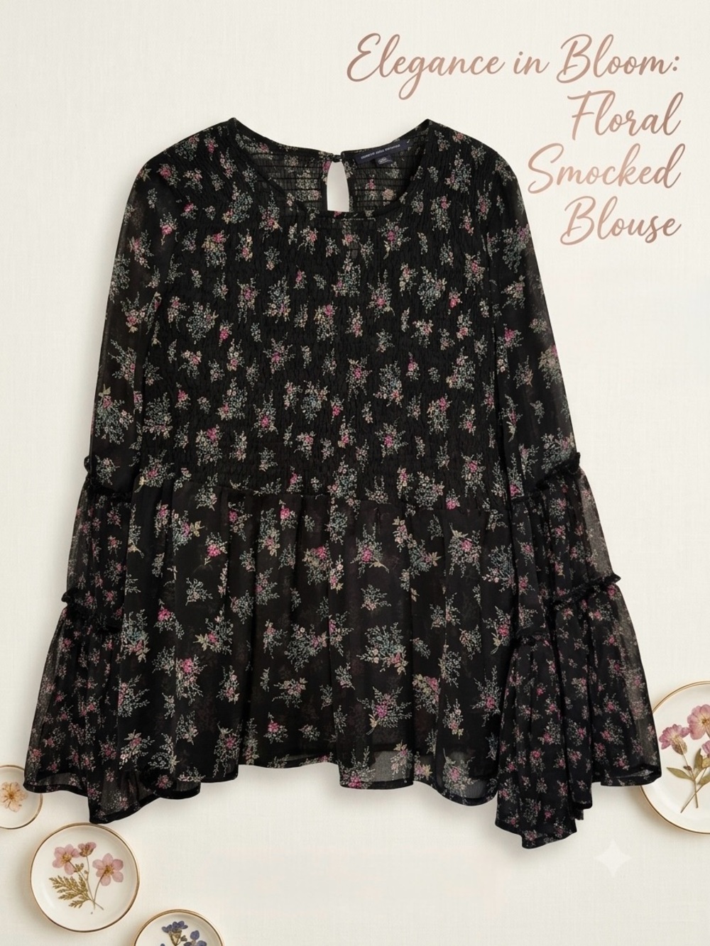American Eagle Floral Smocked Black Blouse with Pink Accents